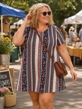 Frumos Plus Size 3x: Floral & Stripe Swing Mini Dress/Tunic in Patchwork Multi